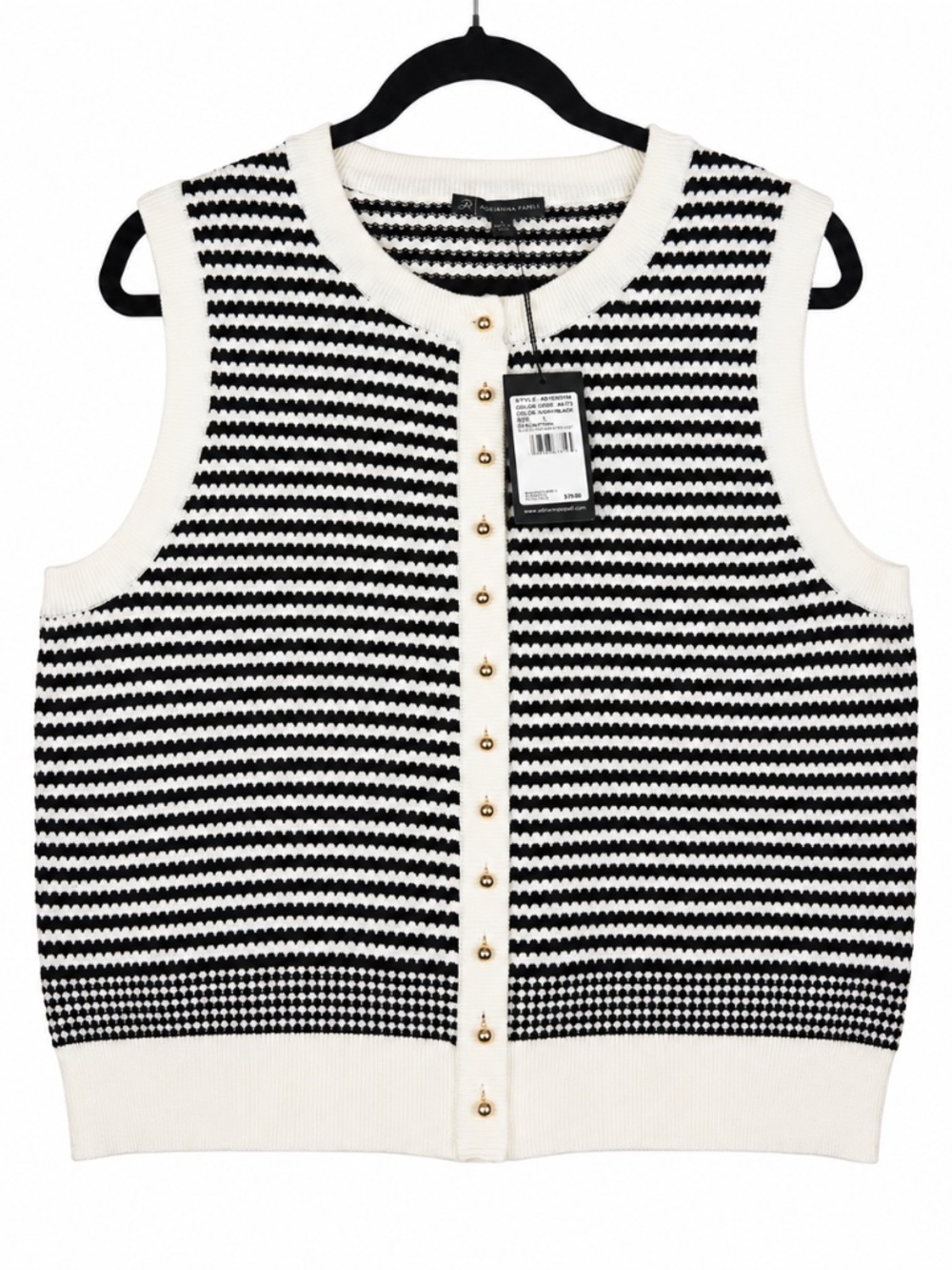NWT Adrianna Papell Knit Sweater Vest Large Black Ivory Striped Gold Button Fron
